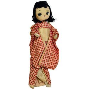 Japanese Cotton Kimono Doll Embroidered Features Red Diamond Patterned Robe Vtg